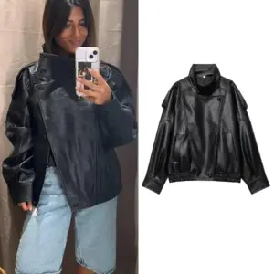 Black Faux Leather Jacket — Oversized, Women's