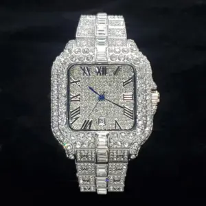 Iced-Out Diamond Square Watch — Waterproof, Men's