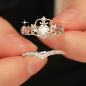 Crystal Crown Adjustable Ring Set — Stainless Steel, Women's