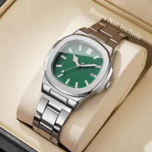 Square Dial Calendar Watch — Stainless Steel, Men's